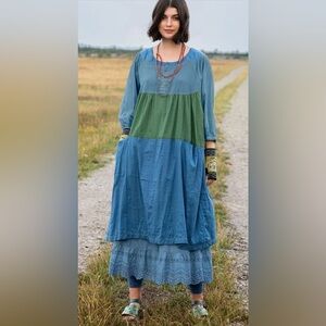 "Desert" woven organic cotton Colorblock Blue Green indigo Maxi Dress